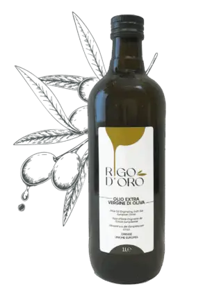 Bottiglia Rigo D'Oro Classico da 1 litro affiancata da un'illustrazione in bianco e nero di olive e foglie
