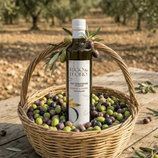 Bottiglia Rigo D'Oro 100% Italiano al centro di un cesto in vimini colmo di olive verdi e viola