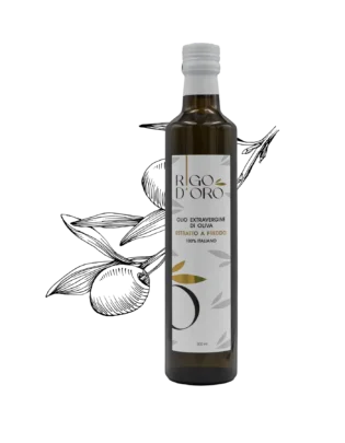 Bottiglia Rigo D'Oro 100% Italiano su fondo trasparente con illustrazione in bianco e nero di olive e foglie