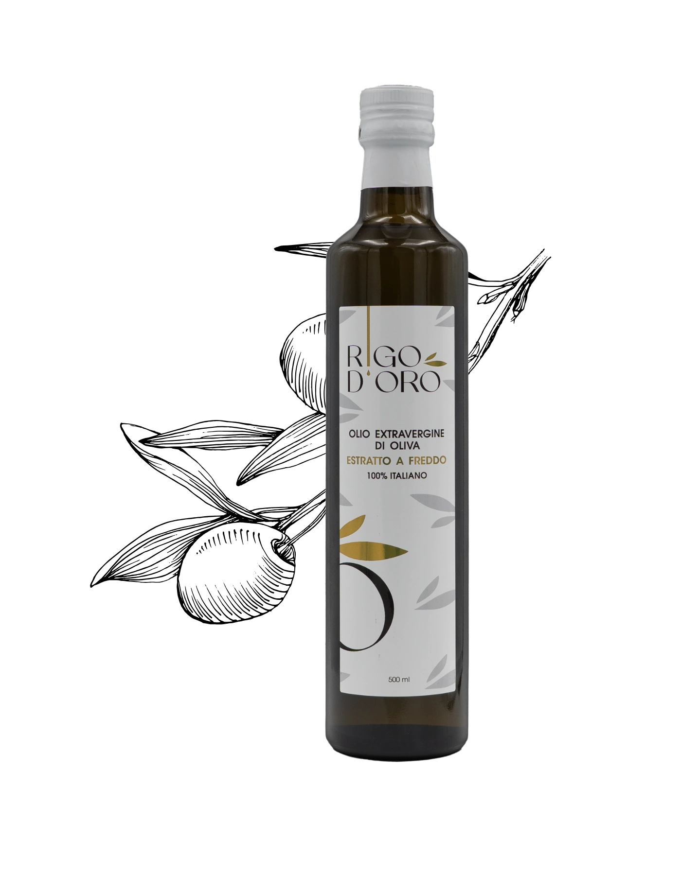 Bottiglia Rigo D'Oro 100% Italiano su fondo trasparente con illustrazione in bianco e nero di olive e foglie