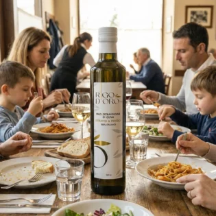 Olio extravergine Rigo D'Oro 100% Italiano in primo piano su una tavola con persone che pranzano insieme