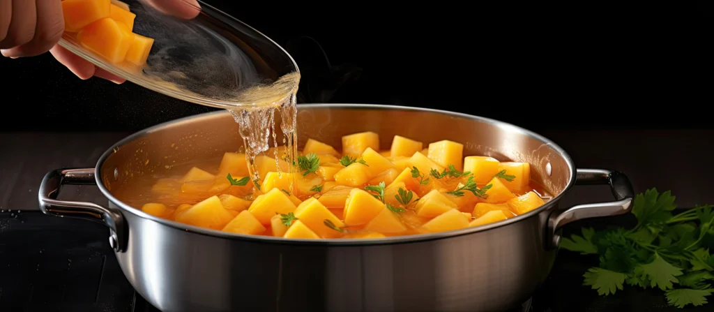 Mano che versa liquido da una brocca in una casseruola con cubetti di zucca e verdure