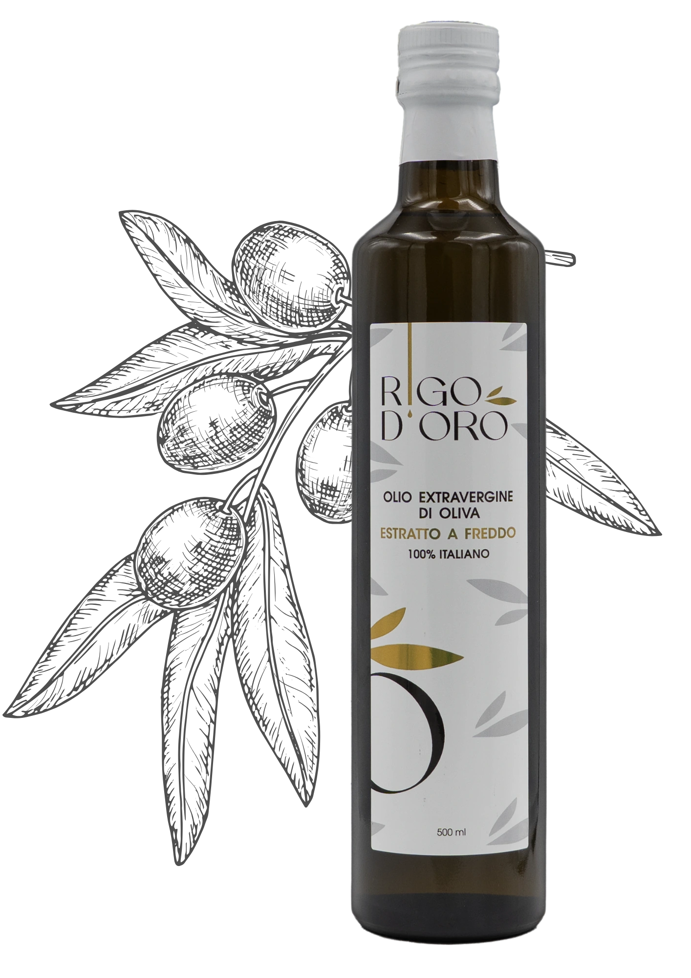 Bottiglia da 500 ml di Rigo D'Oro 100% Italiano affiancata da un disegno botanico in bianco e nero di olive e foglie