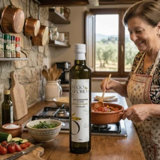 Bottiglia Rigo D'Oro 100% Italiano sul tavolo mentre una donna cucina un sugo in una cucina rustica