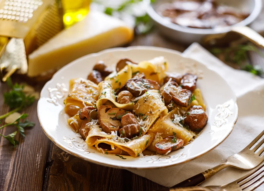 Piatto di pappardelle condite con funghi porcini e aromi su una tavola apparecchiata
