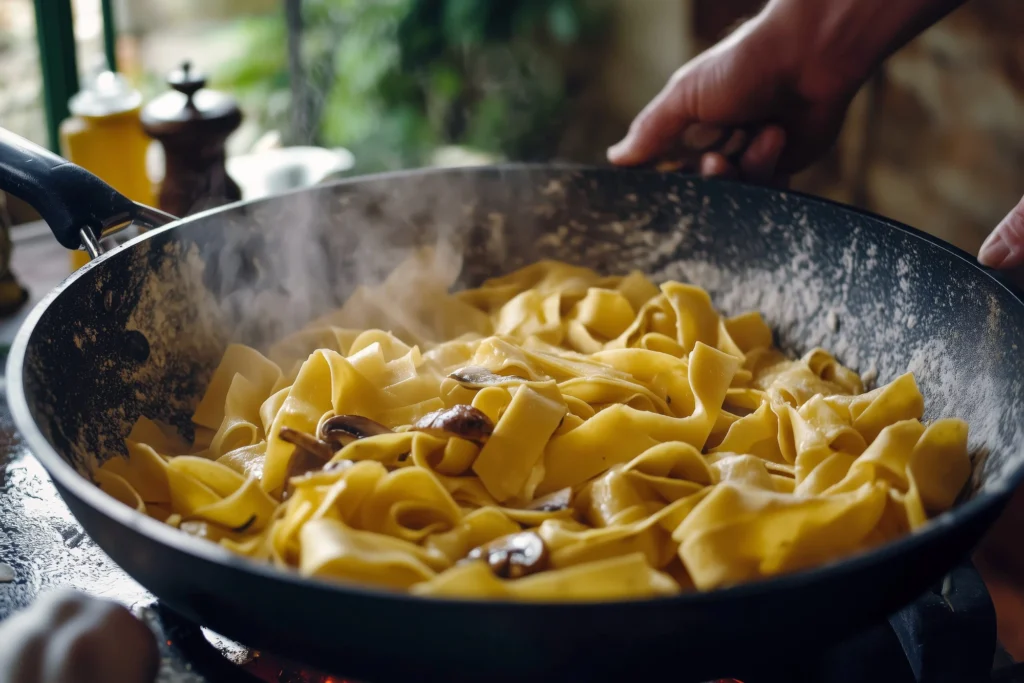Pappardelle gialle con funghi mentre vengono saltate in una padella larga