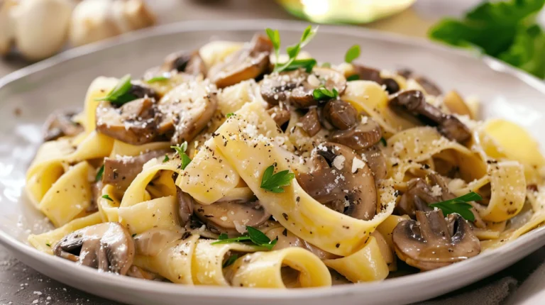 Pappardelle servite nel piatto con pezzi di funghi, erbe e condimento cremoso