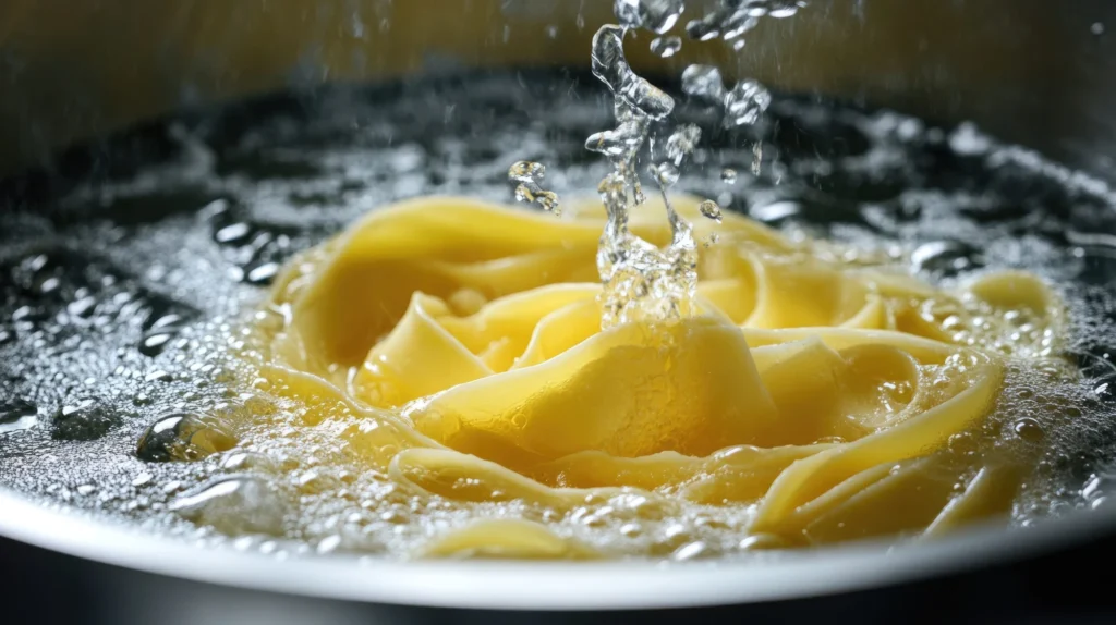 Pappardelle fresche gialle mosse dall'acqua bollente in una pentola