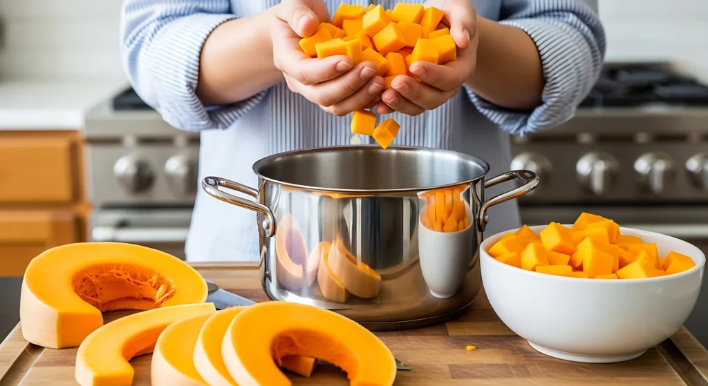 Persona che lascia cadere cubetti di zucca arancione in una pentola d'acciaio in cucina
