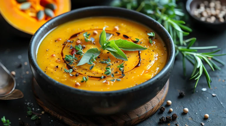 Ciotola scura di vellutata di zucca guarnita con foglie verdi ed erbe aromatiche