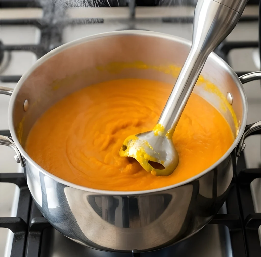 Frullatore a immersione all'interno di una pentola con crema di zucca arancione